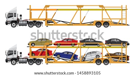 VECTOR EPS10 - car carrier, car transport trailer truck with 8 x car load, automobile delivery truck from factory to showroom, isolated on white background.