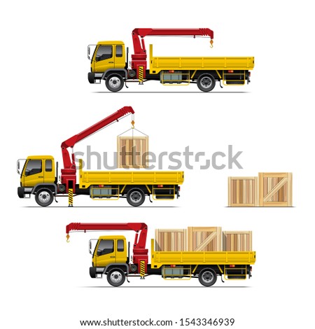 VECTOR EPS10 - yellow flatbed truck with red mounted crane lifting a box on tray, isolated on white background.