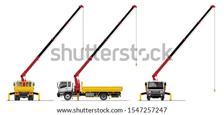 VECTOR EPS10 - flatbed truck with mounted crane lifting and expand arm, side view, front and back view, isolated on white background.