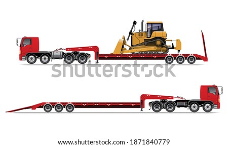 VECTOR EPS10 - red lowboy trailer truck with bulldozer isolate on white background.