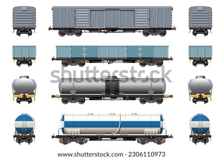 VECTOR EPS10 - various freight car, train cargo wagons,side view front and rear, isolated on white background.
