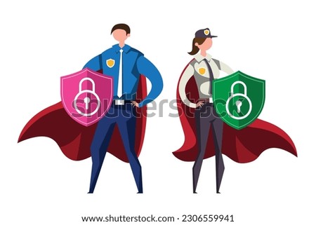VECTOR EPS10 - security guard with superhero red cape protect data and password. cyber security and data protection concept.