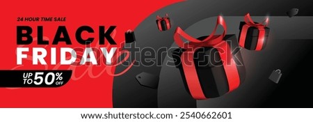 The Black Friday sale banner has a bold black and red color scheme with floating gift boxes wrapped in red ribbons and small shopping bags. The design emphasizes a festive, holiday shopping theme.