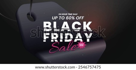 A stylish Black Friday sale design with a dark background featuring a matte price tag element, soft lighting effects, and a bold, modern layout with contrasting pink highlights.