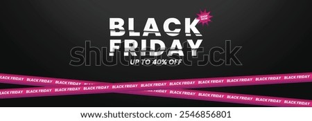 Black Friday design featuring a dark background and a pink ribbon element. Perfect for modern advertising across web, banners, posters, and more.