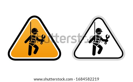 
Compliance with safety measures when working at height. Worker works at height, safety belts, icon vector graphics.