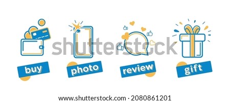 Make a purchase, take a photo of the purchased item, post the photo on social networks and receive a gift. Vector graphics of icons drawn in two colors, yellow and blue, on a white background.
