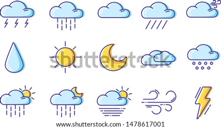 Set of simple outline filled colorful icons - weather or forecast sings with blue clouds, snow, rain, fog, wind, sun and moon - vector isolated symbols collection.