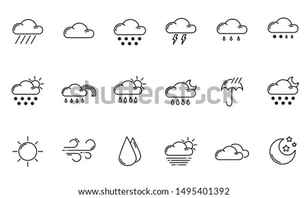 Set of simple outline icons - weather or forecast sings with clouds, snow, rain, fog, wind, sun and moon - vector isolated symbols collection.
