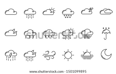 Set of simple outline icons - weather or forecast sings with clouds, snow, rain, fog, wind, sun and moon - vector isolated symbols collection.