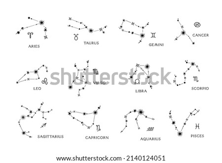 Zodiac hand drawn constellations isolated cliparts bundle, unique astrology sings illustration, esoteric mystical horoscope in black color, Libra Gemini Taurus Cancer Aries Leo Pisces vector