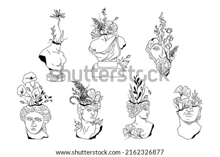 Floral ancient Greek male and female statues isolated clip art bundle, antique sculptures with flowers black white line figures, hand drawn women bust with botanical bouquet - vector set