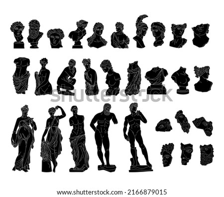 Ancient Greek solid black color sculptures of gods, goddess and heros, vector silhouettes antique statues of men and women figures, bust and full body, hand drawn isolated clip art bundle