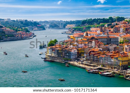 Panoramic view of Old Porto Oporto city and Ribeira over Douro river from Vila Nova de Gaia, Portugal Stock foto © 