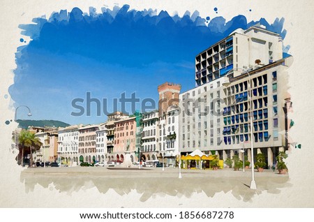 Watercolor drawing of Row of colorful buildings and Tower Torre dei Morchi on Piazza Caricamento square near harbor in historical centre of old european city Genoa Genova with blue sky, Liguria