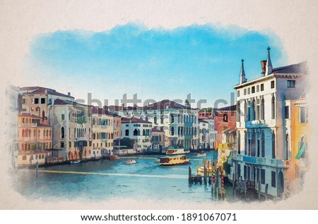 Watercolor drawing of Venice cityscape with Grand Canal waterway. Vaporettos and boats sailing Canal Grande. Baroque style buildings and Ca Rezzonico palace near water. Veneto Region, Northern Italy