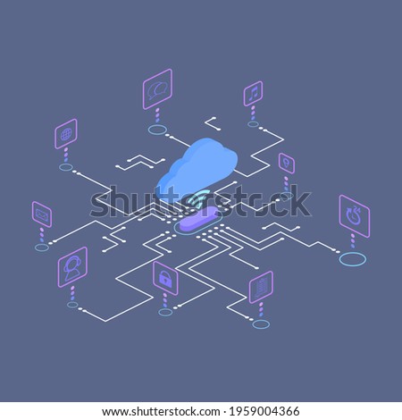 Isometric vector illustration, Cloud computing. Communication in Social media with circuits line. Business, Daily life, Big data technology concept.