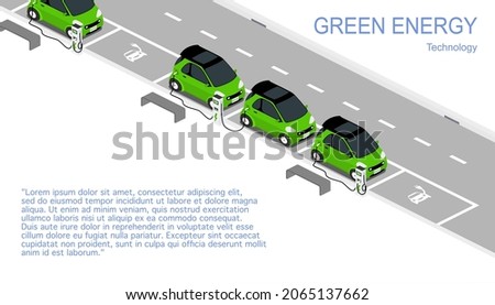 Green energy technology concept. Electric car charge  battery in charging station. Isometric vector design.