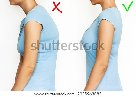 A young woman stands bent and straightened isolated on a white background. Correct and incorrect spine position. Slouching back and healthy spine. A posture before and after changing. Scoliosis Stock foto © 