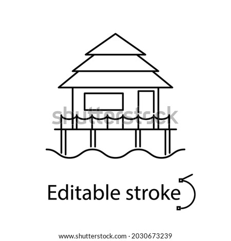 Water house on stilts outline icon. Maldivian attribute. Coral island. Customizable linear contour symbol. Editable stroke. Isolated vector stock illustration