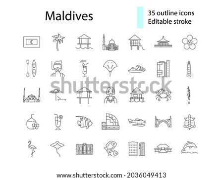 Maldives islands attractions outline icons set. Tropical resort. Capital Male. Customizable linear contour symbols collection. Editable stroke. Isolated vector stock illustration