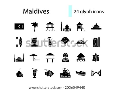 Maldives glyph icons set. Tropical attributes, travel guide. Beach resort. Country attraction. Black filled symbols collection. Isolated vector stock illustration