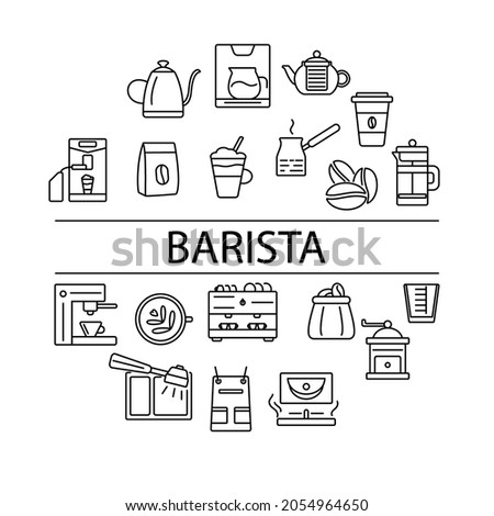 Barista and coffee accessories circle layout with outline icons and headline text. Espresso making. Coffee making appliance. Customizable linear contour symbol. Isolated vector stock illustration
