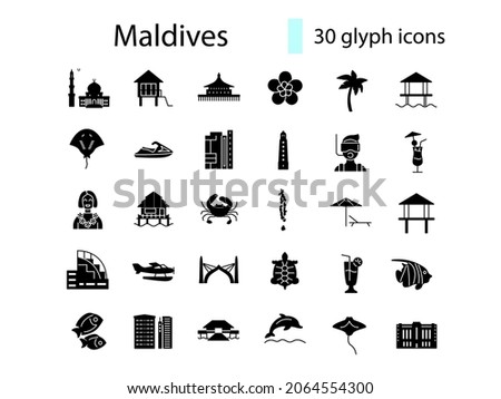 Maldives attributes glyph icons set. Palm and famous Male buildings. Tropical resort guide. Black filled symbols collection. Isolated vector stock illustration