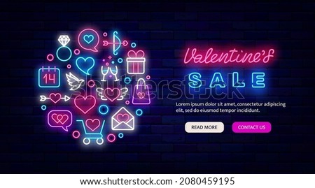 Happy Valentines Day neon circle layout. Landing page template for holiday sale. Outer glowing effect flyer. Romantic design on brick wall. Luminous label. Isolated vector stock illustration