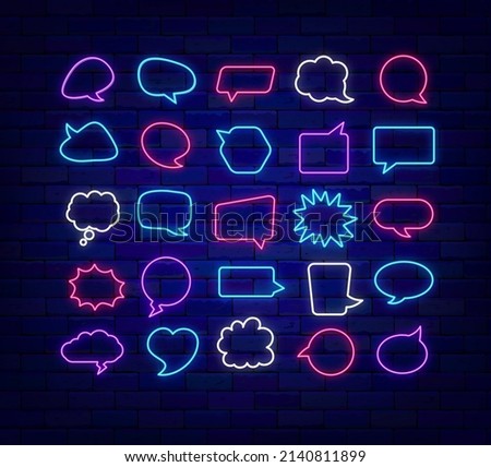 Colorful speech bubbles neon frame collection. Empty comments pack. Glowing effect banner. Thinking cloud on brick wall. Editable stroke. Vector stock illustration