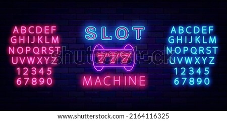 Slot machine neon sign. Shiny blue and pink alphabet. Casino concept. Jackpot with seven numbers. Gambling idea. Winner design. Glowing logo. Editable stroke. Vector stock illustration