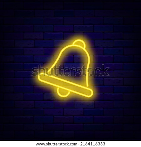 Attention golden bell neon icon. Ringing handbell. Casino symbol. Bright logo. Editable stroke. Vector stock illustration