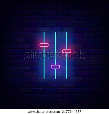 Sound control neon icon. Equalizer and volume mixer item. Shiny symbol on brick wall. Glowing effect signboard. Vector stock illustration