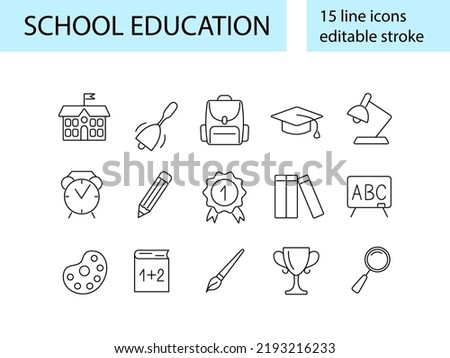 School eucation outline icons collection. Backpack, medal and winner cup. Back to School concept. University emblem. Knowledge labels. Customizable linear items set. Editable stroke. Isolated vector i