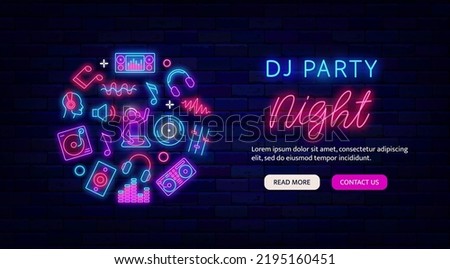 DJ party night neon flyer. Website landing page template. Glowing greeting card. Circle layout with music icons. Light advertising. Night club promotion. Vector stock illustration