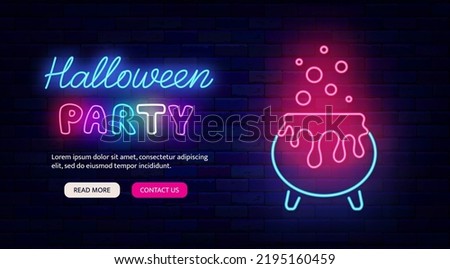 Halloween party neon flyr promotion on brick wall. Potion cauldron icon. Landing page template. Scary holiday emblem. October greeting card design. Season october event. Vector stock illustration