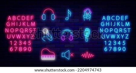 Music neon icons collection. Luminous pink and blue alphabet. Piano, volume sign and microphone. Musical store emblem. Night club logo. Shiny glowing symbol. Vector stock illustration