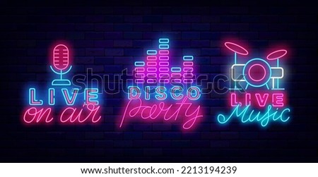 Disco party neon signboards collection. Live music. On air sign. Shiny advertisings. Drum. equalizer and microphone icon. Simple light banners set. Night club event labels. Editable stroke. Vector sto