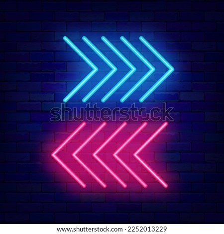Two neon indicators on brick wall. Download and next symbol. Colorful pointer. Bright flyer. Simple arrow. Glowing poster. Editable stroke. Vector stock illustration