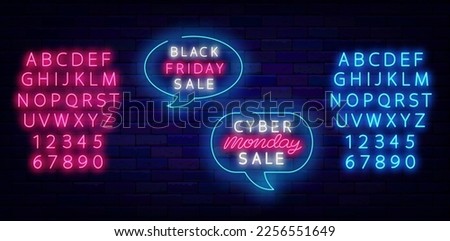 Cyber monday sale and black friday neon labels in think cloud. Shiny pink and blue alphabet. Luminous emblem. Glowing logo. Shopping concept on brick wall. Vector stock illustration