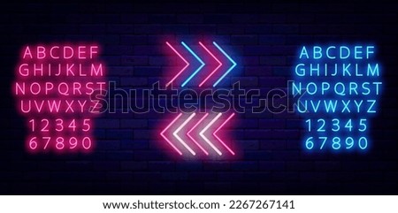 Two neon arrow collection. Download and next symbol. Shiny striped pointer. Bright flyer. Simple indicators. Glowing poster. Luminous blue and pink alphabet. Vector stock illustration