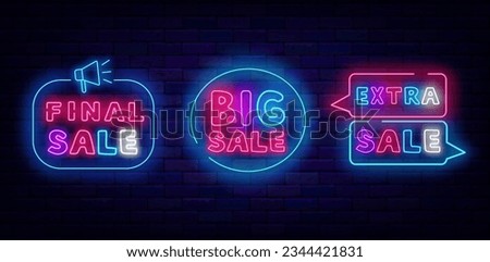 Final Sale neon labels collection. Big sale. Circle frame. Extra discount shopping. Shiny signs. Special offer. Border with megaphone. Editing text. Light banners. Vector stock illustration