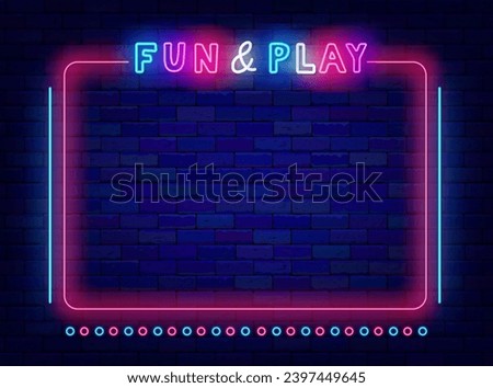 Fun and play neon banner. Striped pink frame with space for text. Kids zone. Night show advertising. Game design. Competition and concert. Glowing poster. Editing text. Vector stock illustration