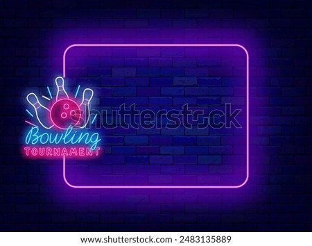 Bowling tournament neon advertising. Empty purple frame and strike symbol with pins and ball. Funny sport competition. Light greeting card. Copy space. Editable stroke. Vector stock illustration