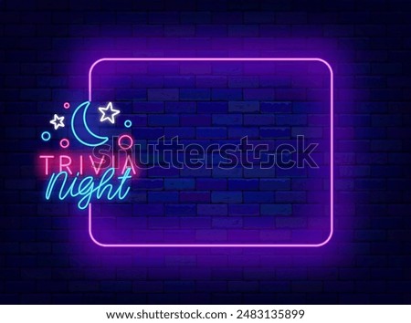 Trivia night neon promotion. Quiz advertising. Television show and game. Empty purple frame and typography with moon and stars. Funny competition. Editable stroke. Vector stock illustration