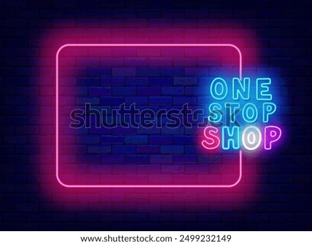 One stop shop neon poster. Special offer. Market shopping invitation. Shiny greeting card. Empty pink frame and typography. Light banner. Editing text. Copy space. Vector stock illustration