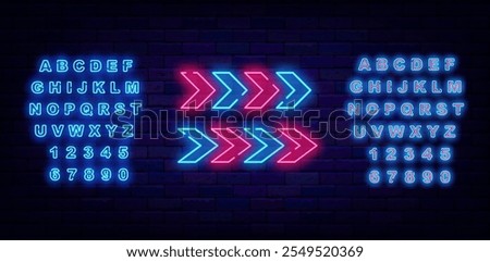 Two neon arrows. Start and subway. Download and next symbol. Shiny striped pointer. Vector stock illustration