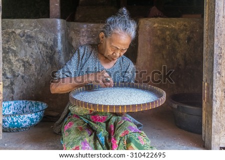 LOMBOK, INDONESIA - JUNE 5 : An elderly women sifts rice at home  in Sade Village on June 5, 2015 in Lombok.