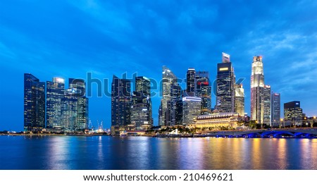 SINGAPORE - AUGUST 07: Panorama  landscape of Singapore. Skyline and modern skyscrapers of business district Marina Bay Sands at most financial developing Asian city state. Singapore, AUGUST 07, 2014