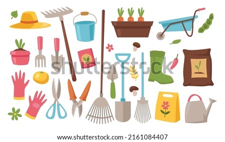 Hand drawn doodle set of Gardening icons Elements Tools or Equipments, Vector illustration set. scissors, boots, hedge, shears, hedge shears, fork, rake, grass, watering can, wheelbarrow.